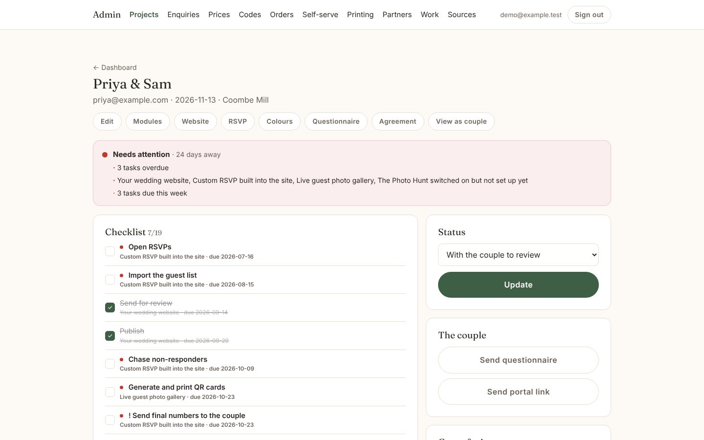 JBH Weddings Platform: Project with traffic-light status