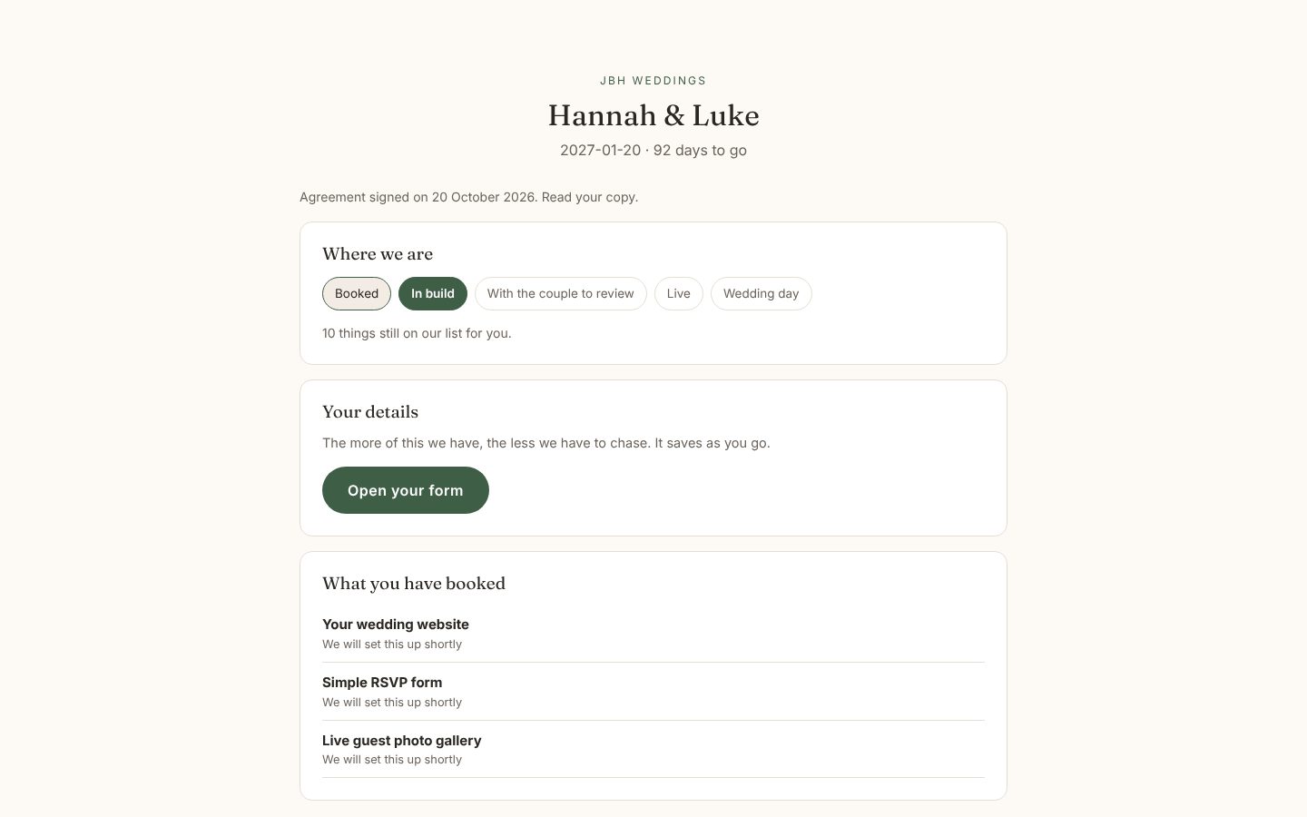 JBH Weddings Platform: Couples' portal
