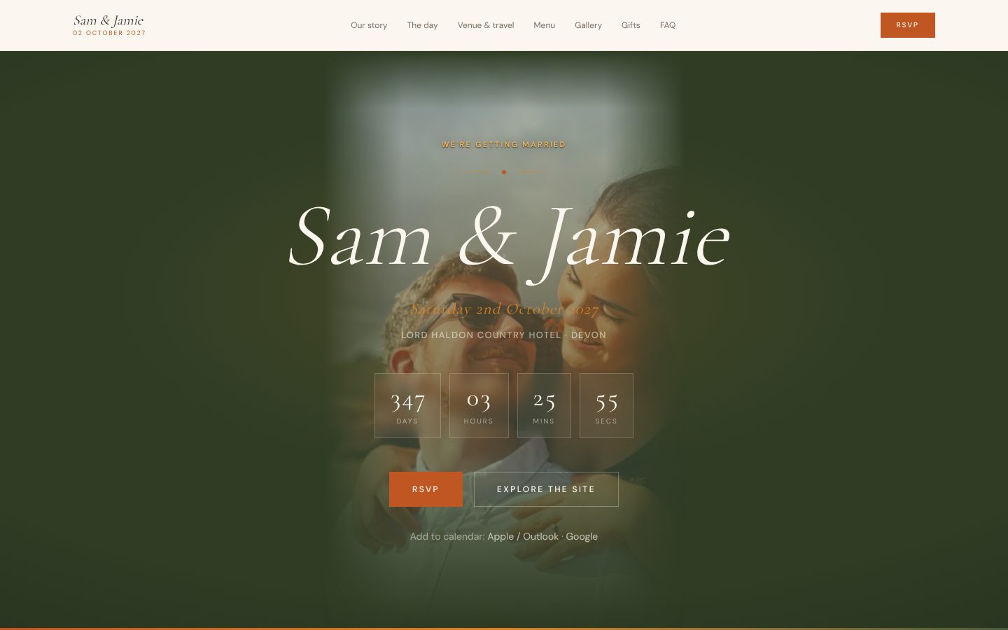 Sam & Jamie Wedding Website: Homepage
