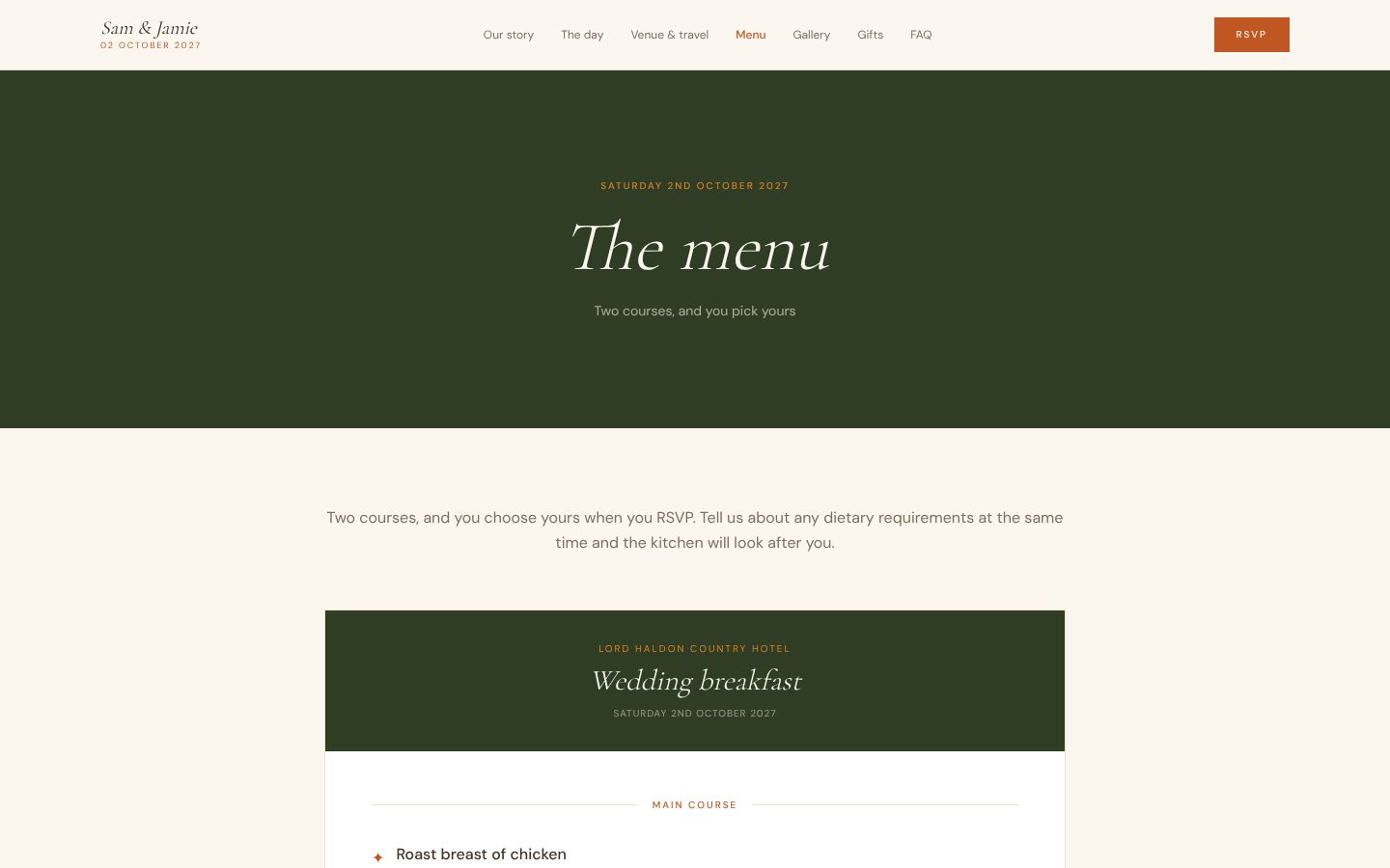 Sam & Jamie Wedding Website: Menu