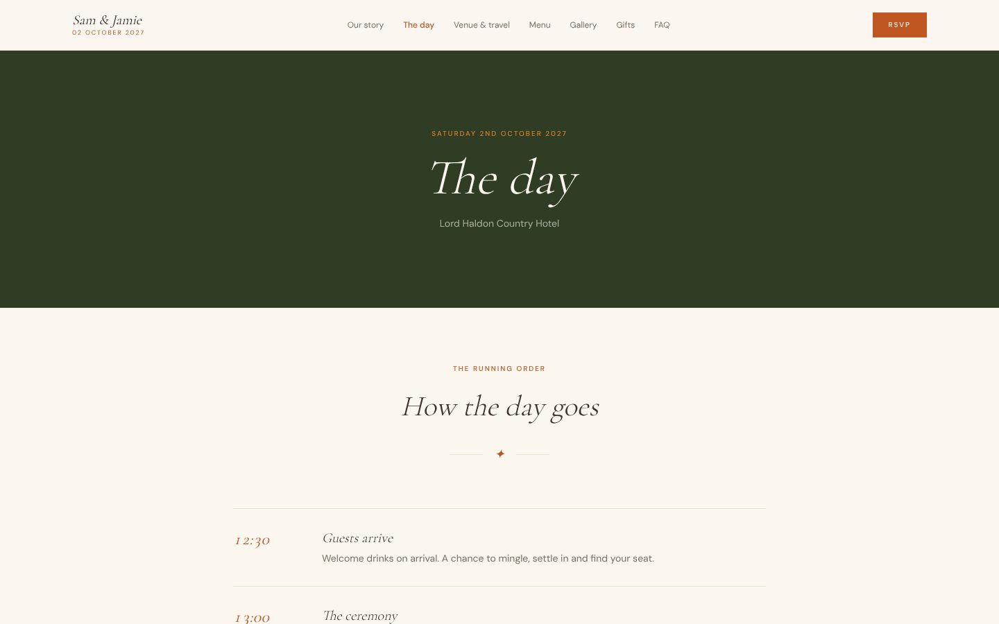 Sam & Jamie Wedding Website: Running order