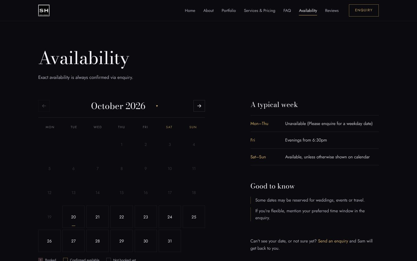 Samantha Hall Hair & Makeup: Availability calendar